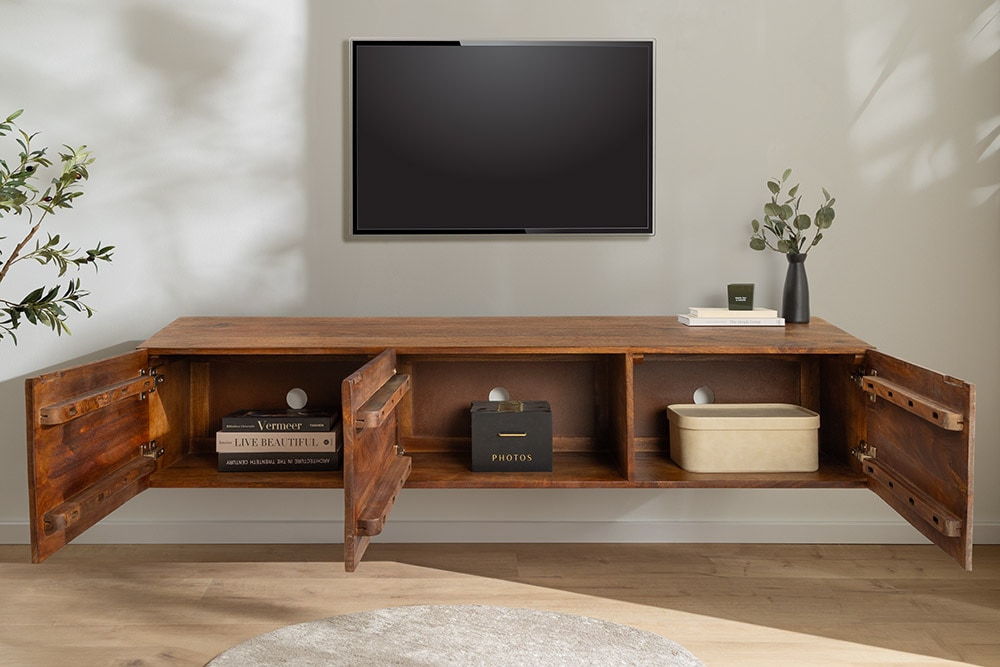 Massivholz TV Lowboard VULCANO 160cm hängend natur Mango Wohnzimmer