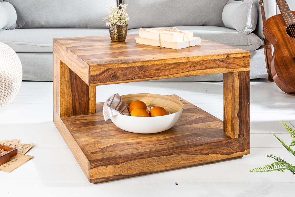 Design Couchtisch GIANT 60cm braun Sheesham Massivholz stone finish mit Ablage