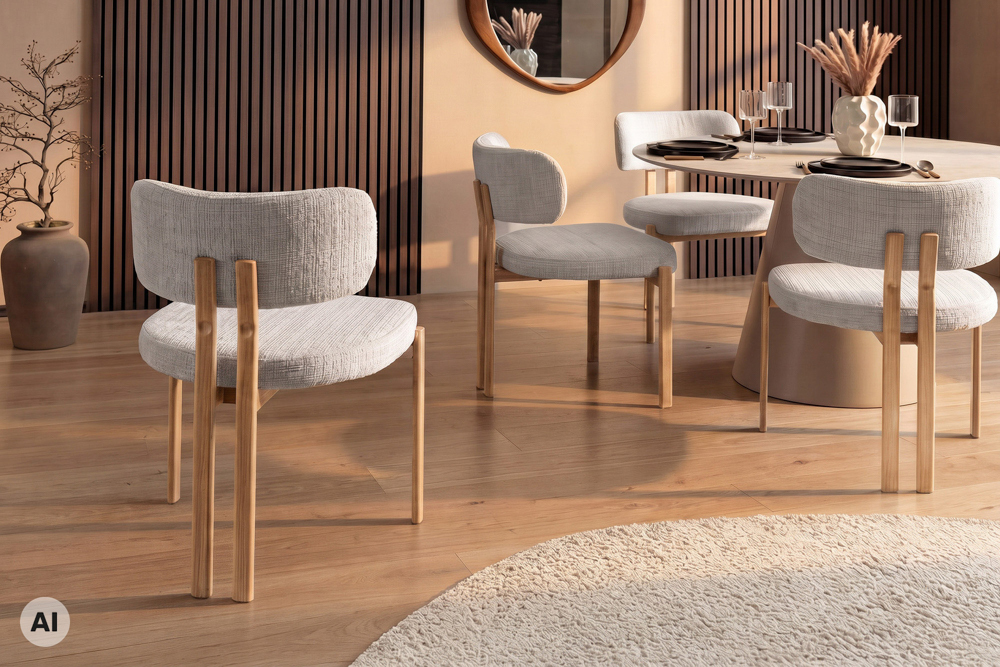 Design Stuhl BELLANO creme beige Chenille Cremona Metallgestell Eiche