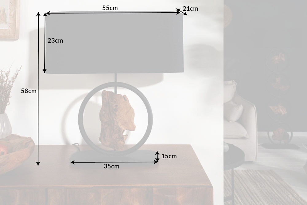 Design Tischlampe ELEMENTS 58cm schwarz Baumwollschirm Fuß mit Massivholz