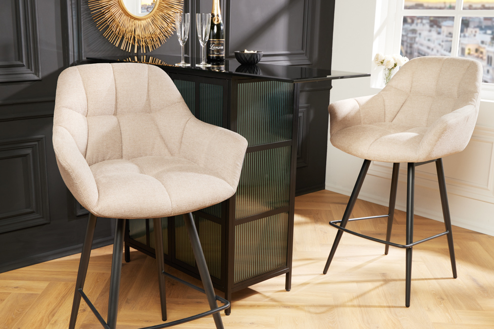 Drehbarer Barhocker PAPILLON champagner beige Barstuhl mit Lehne schwarze Metallbeine