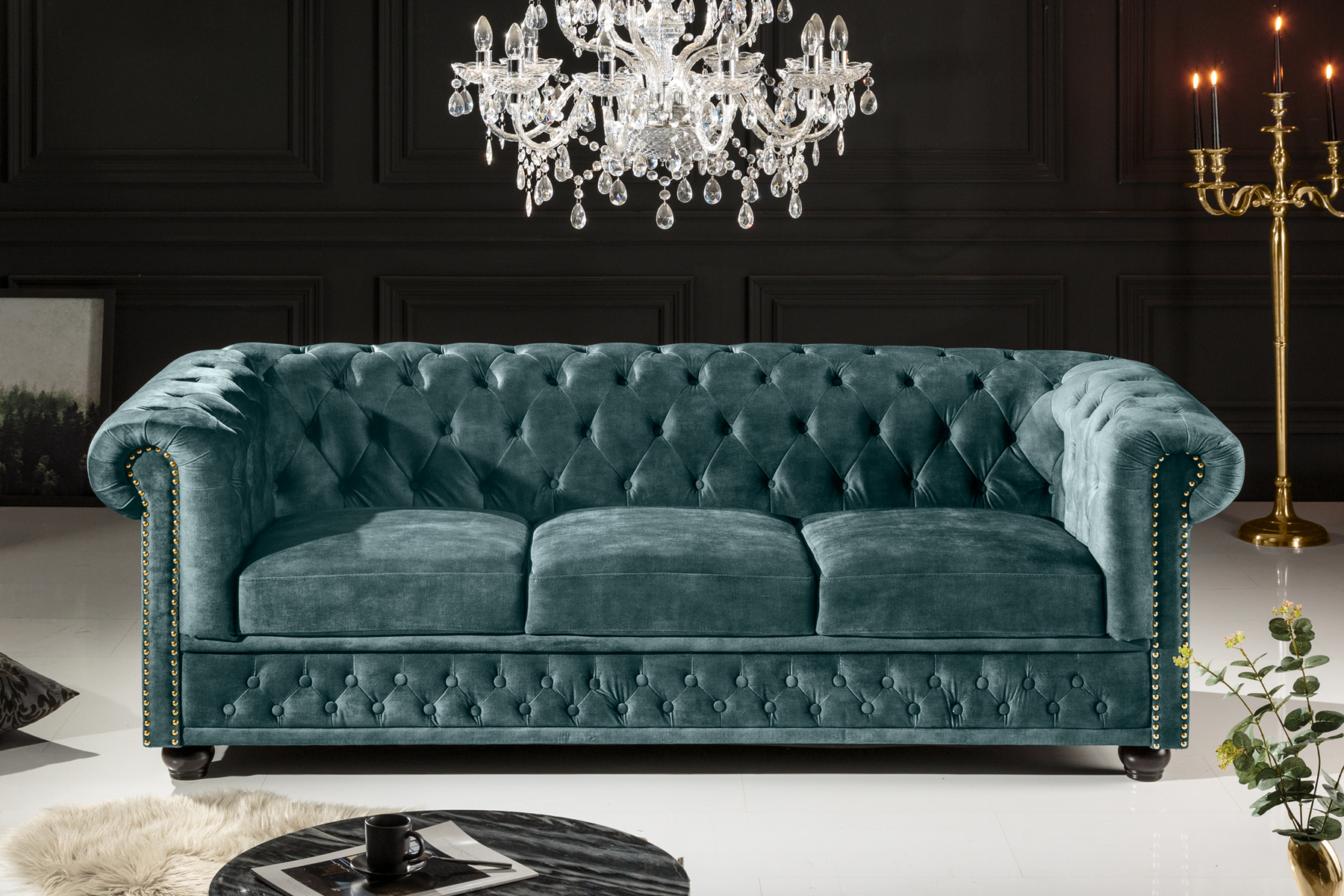 Chesterfield 3-Sitzer Sofa 205cm petrol Samt Federkern Goldnieten Knopfheftung