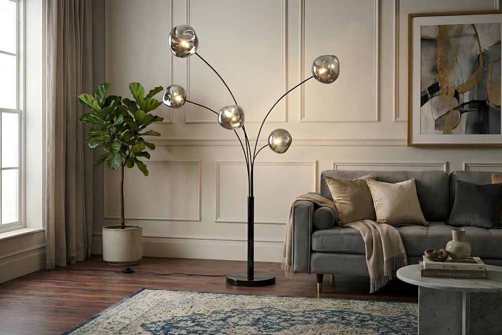 Design Stehlampe LIQUID DIAMOND 200cm schwarz smoke grau fünf Glasschirme mit Marmorfuß