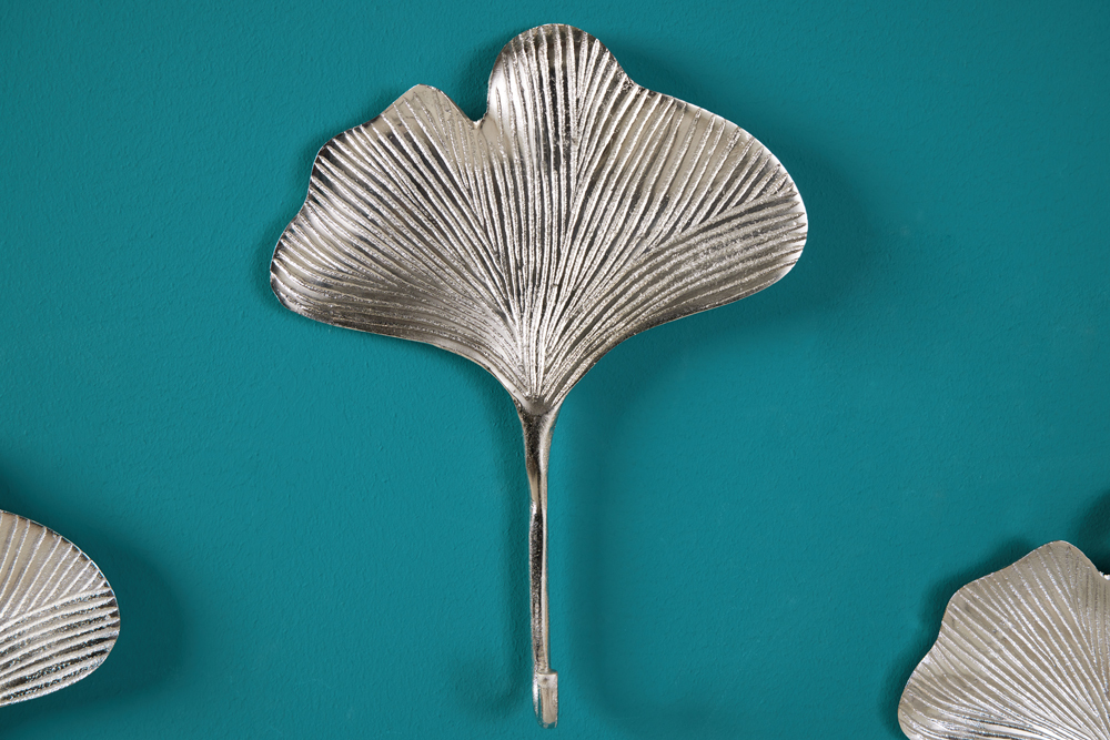 Dekoratives Kleiderhaken 3er Set GINKGO 30cm silber handmade Metall