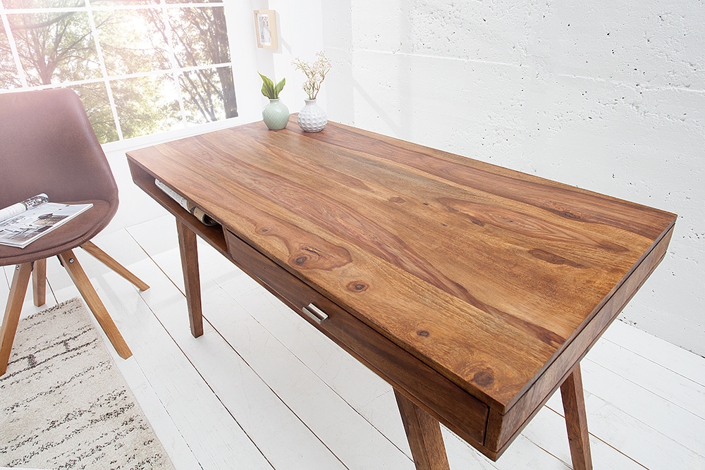 Design Schreibtisch RETRO 120cm braun Sheeshamholz stone finish Design Klassiker