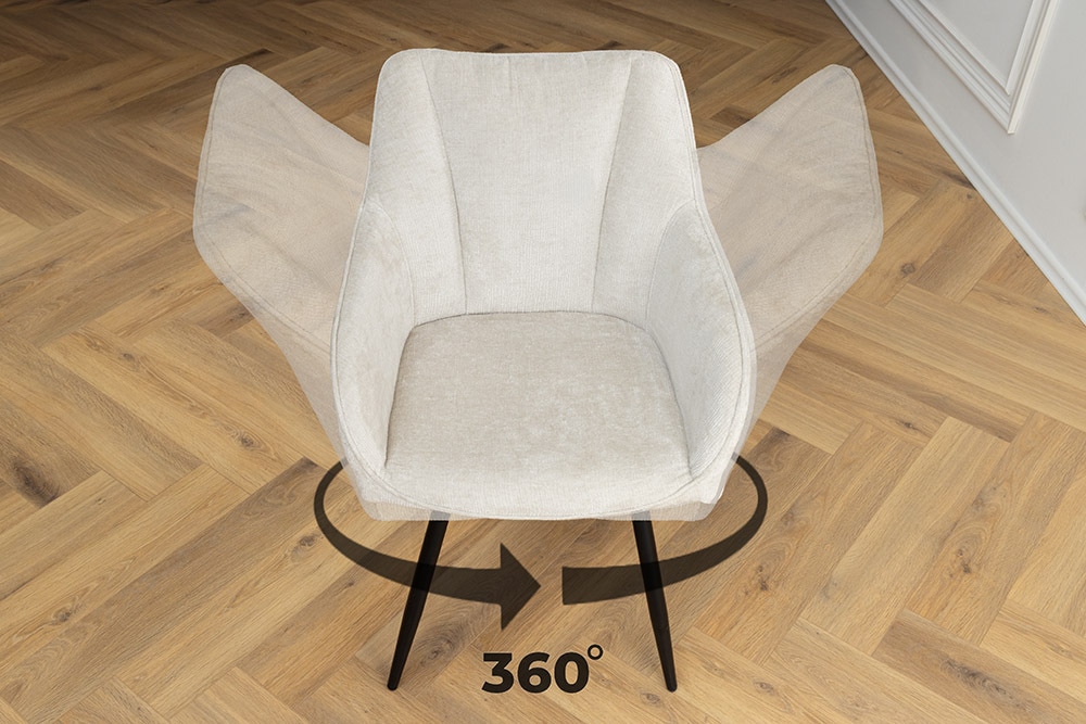 Drehbarer Retro Stuhl AVIGNON beige Chenille schwarze Metallbeine