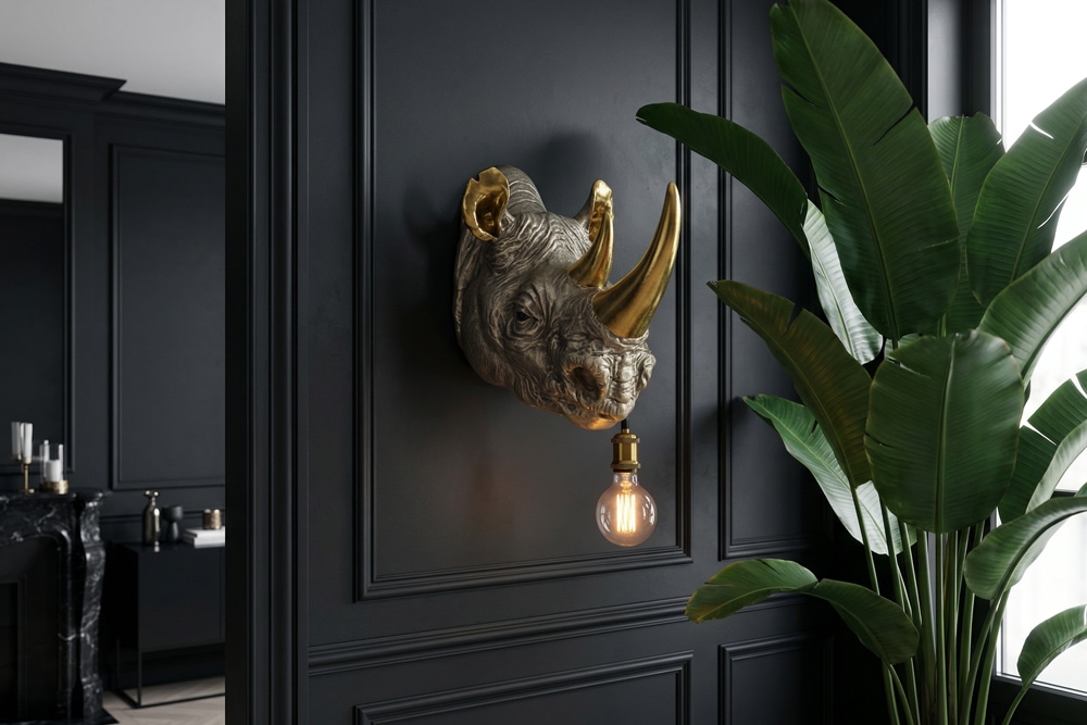 Moderne Wandlampe RHINO 40cm gold Nashorn-Skulptur handmade