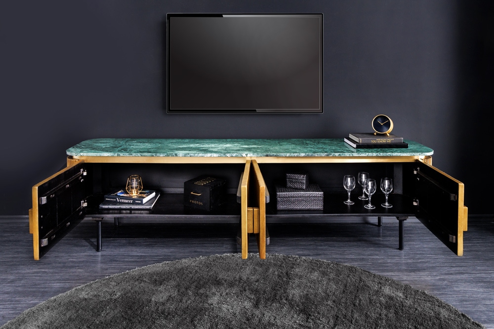 Design TV-Board VENEZIANO 160cm messing grün Marmorplatte Mangoholz Retro