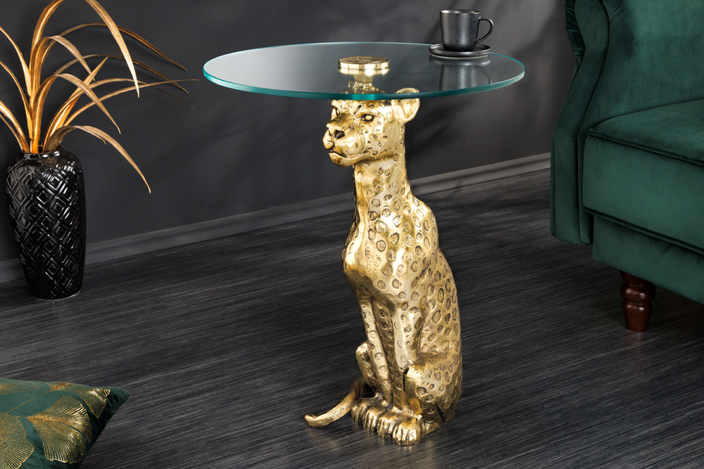 Runder Beistelltisch WILDLIFE PANTHER 60cm gold antik Metall Glas Skulptur handmade