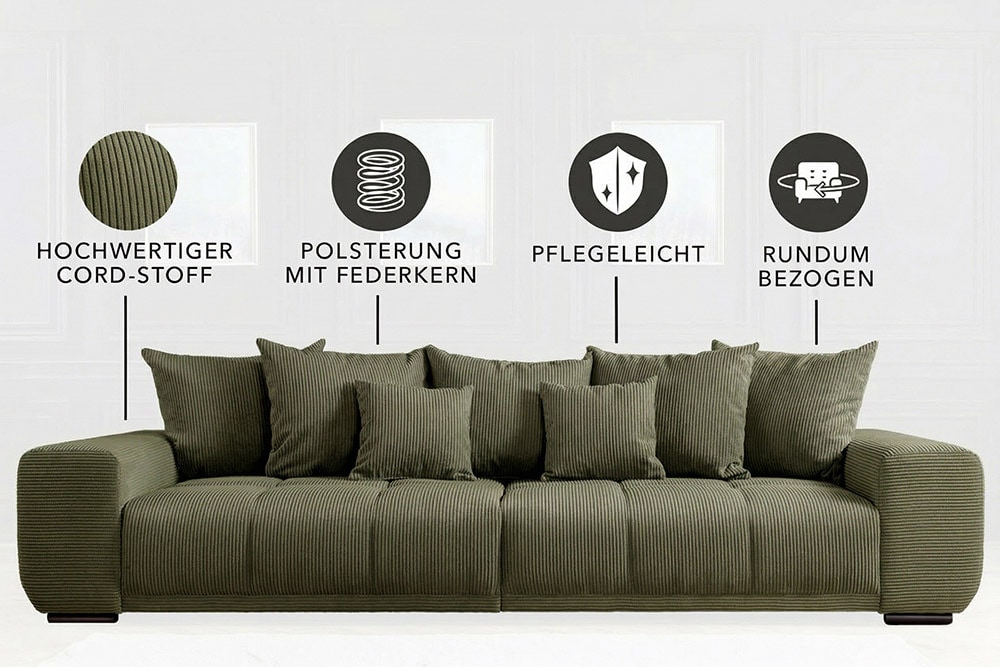 Modernes XXL Sofa ELEGANCIA 285cm grün Cord Federkern inklusive Kissen Bigsofa