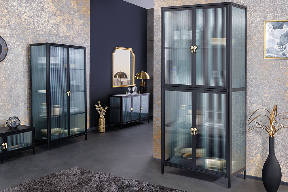 Modernes Sideboard AMSTERDAM 105cm schwarz gold Riffelglas Metall Vitrine Schrank