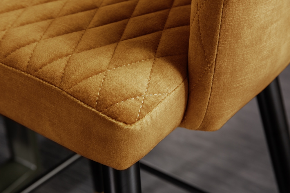 Design Barhocker PARIS senfgelb Samt mit Lehne Metall schwarz gold Ziersteppung