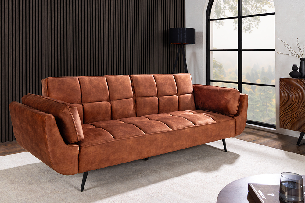 Schlafsofa BOUTIQUE 215cm rostbraun Samt 3-Sitzer mit mattschwarzen Füßen