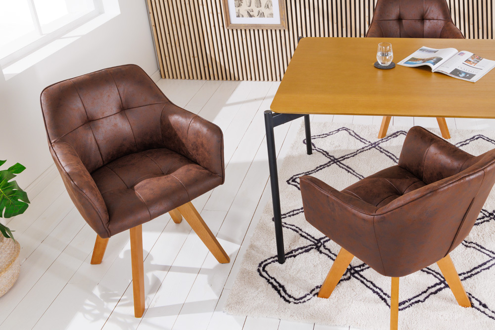 Design Stuhl LOFT antik braun Microfaser drehbar massiv Buchenholz mit Armlehne