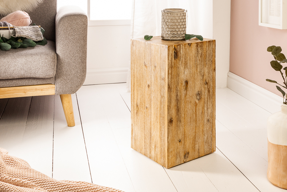 Massivholz Dekosäule COLUMNA 50cm Akazie teak-grau gekälkt Beistelltisch