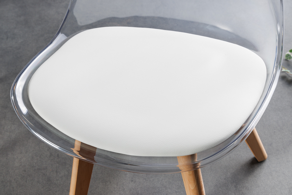 Design Stuhl SCANDINAVIA MEISTERSTÜCK transparent weiß Kunststoff Buchenholz natur
