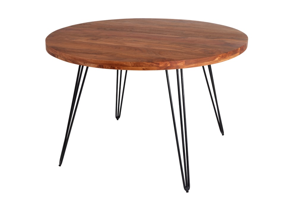 Runder Esstisch SCORPION 120cm Akazie natur Massivholz Hairpin Legs Retro Design