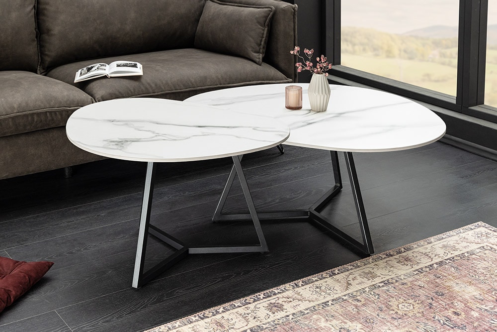 Design Couchtisch MARVELOUS 90cm weiß Marmor Keramik schwarzes Metall