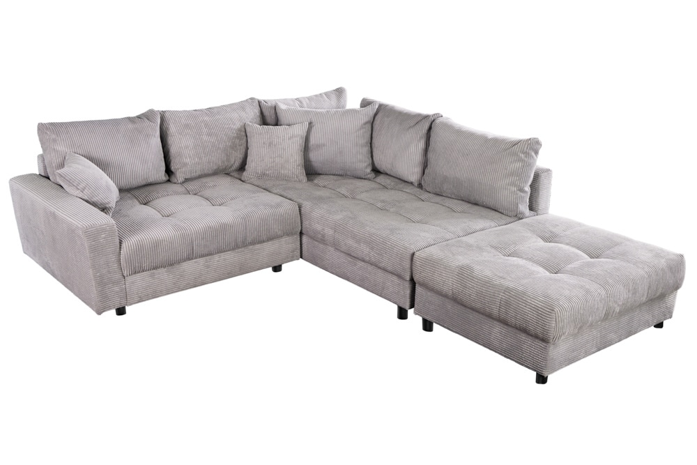 Modernes Ecksofa KENT 220cm hellgrau Cord inkl. Hocker Federkern L-Form Wohnlandschaft
