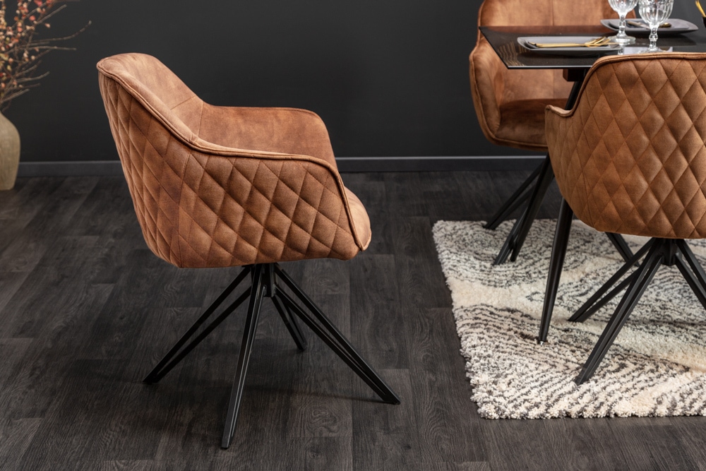 Drehbarer Design Stuhl EUPHORIA rost braun Samt mit Armlehne Metallgestell schwarz
