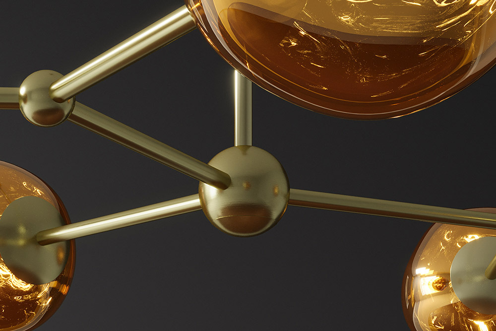 Design Hängelampe LIQUID DIAMOND 100cm gold Glas Stahl fünf Schirme Kugelleuchte
