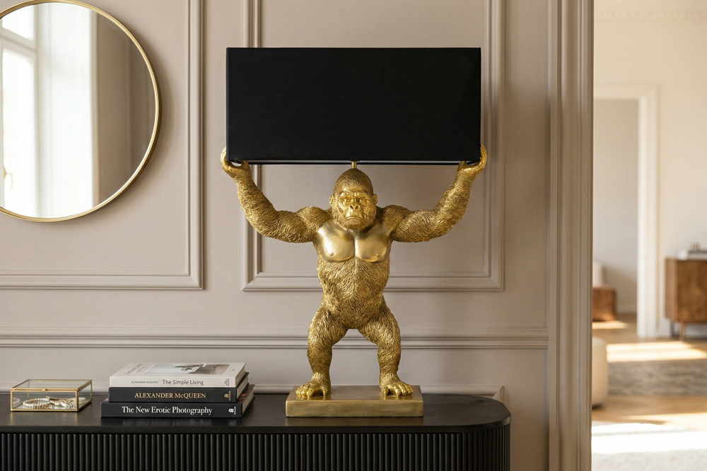 Handgefertigte Tischlampe KING APE 70cm schwarz gold Stoffschirm Affen-Skulptur