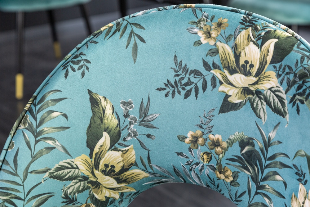 Design Stuhl PRÊT-À-PORTER türkis Samt florales Muster und goldene Fußkappen