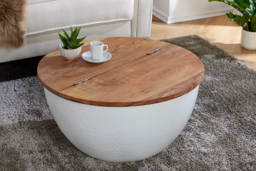 Runder Couchtisch ORIENT STORAGE 60cm weiß Akazienholz mit Stauraum Hammerschlag handmade