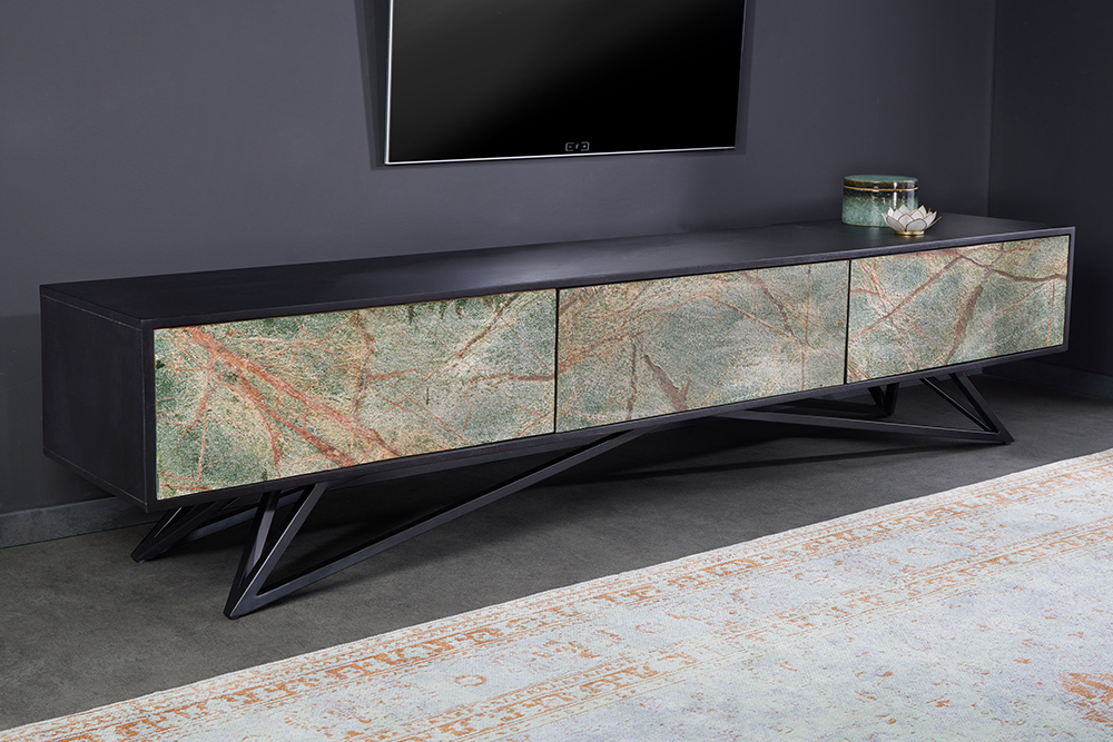 Massivholz TV Lowboard MOUNTAIN SOUL 200cm echter Naturstein Akazie schwarz hängend / stehend