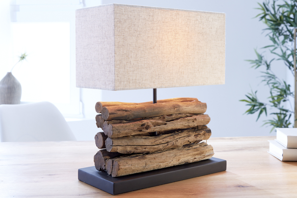Handgefertigte Tischlampe PERIFERE 40cm beige Treibholz Leinenschirm