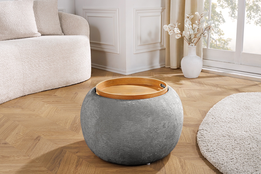 Runder Couchtisch ORBIT 50cm grau Bouclé Hocker mit Tablett und Stauraum