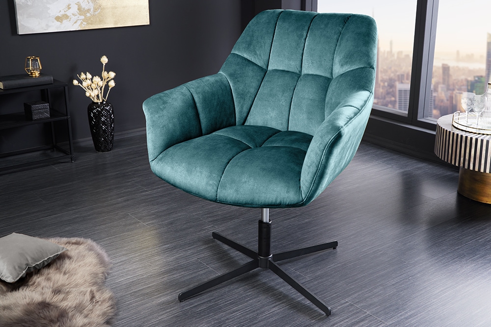 Drehbarer Design Sessel PAPILLON petrol Samt 360° schwarz Metall höhenverstellbar