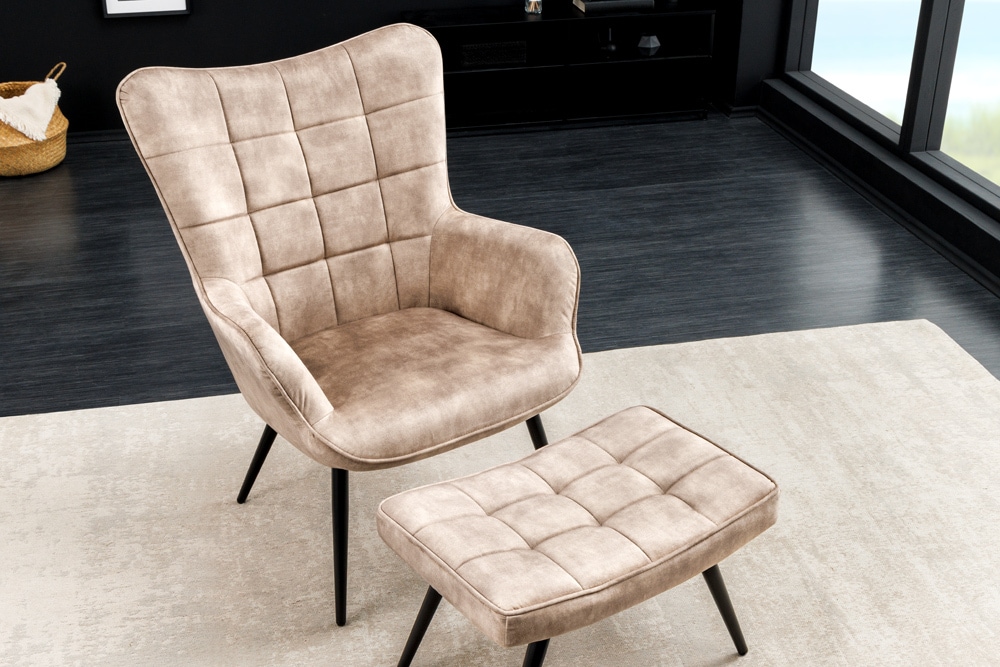 Moderner Sessel SCANDINAVIA champagner beige Samt schwarze Metallbeine mit Armlehne