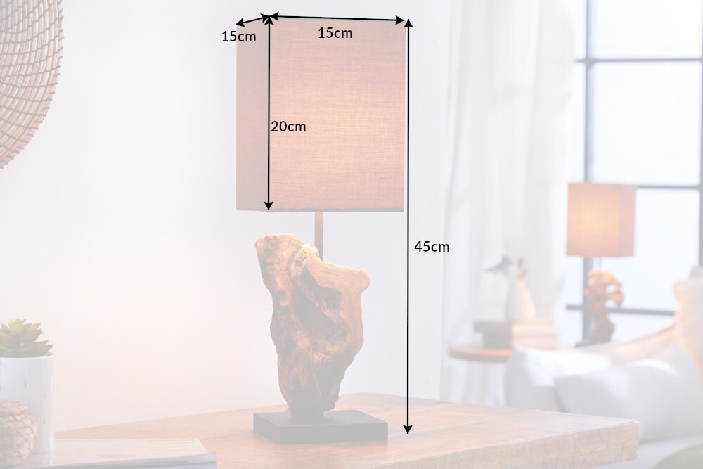 Handgearbeitete Treibholz Tischlampe HYPNOTIC 45cm braun mit Leinenschirm