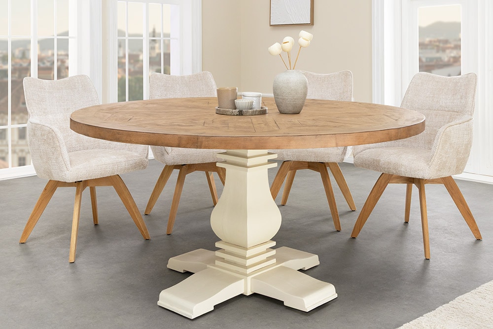 Runder Esstisch HAMPTONS 120cm hellbraun creme recycelte Pinie Massivholz