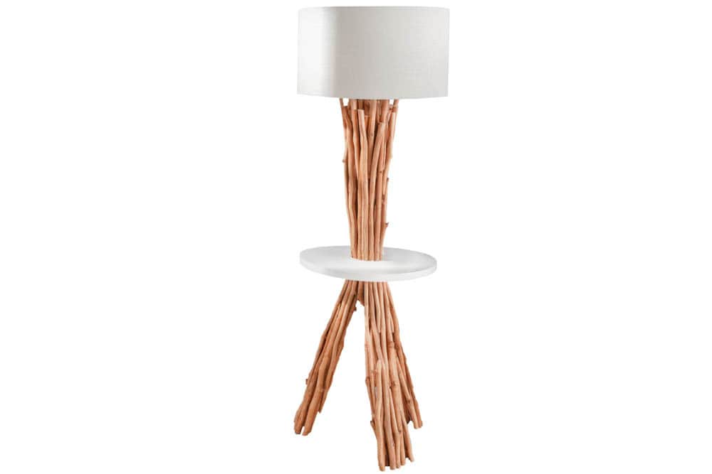 Funktionelle Stehlampe SERVANT 153cm Longan-Massivholz mit Tisch und Leinenschirm
