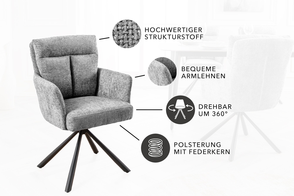 Drehbarer Stuhl BIG GEORGE grau Strukturstoff Taschenfederkern mit Armlehne Metall