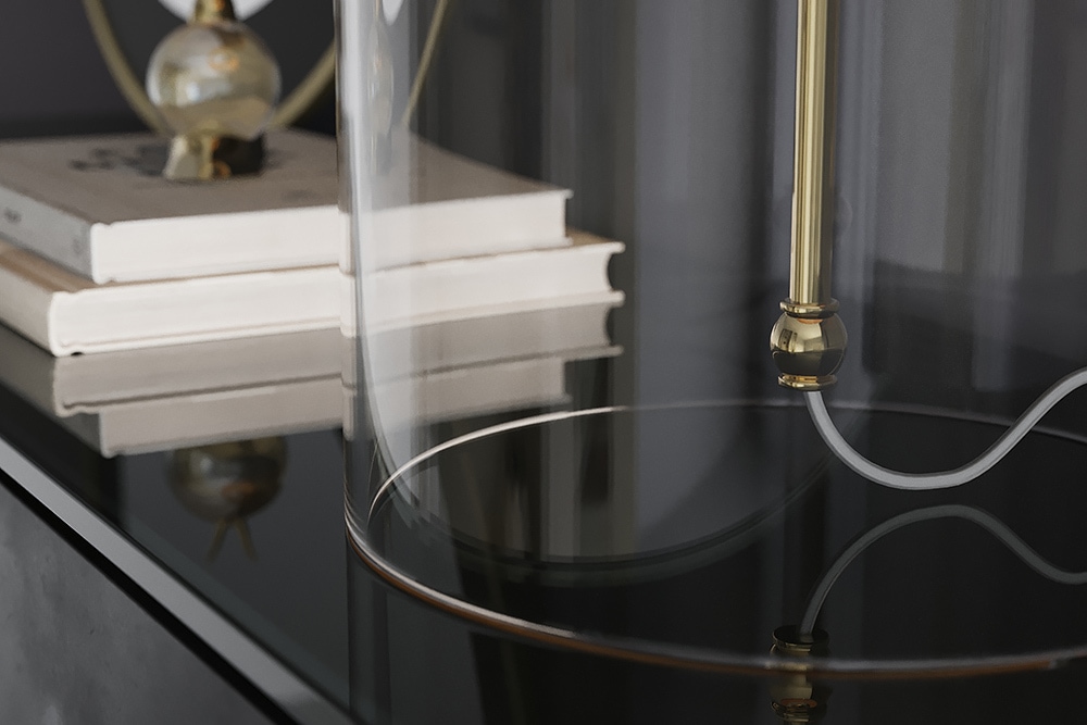 Moderne Tischlampe CLASSICO 60cm transparent Glas weiß gold Leinenschirm