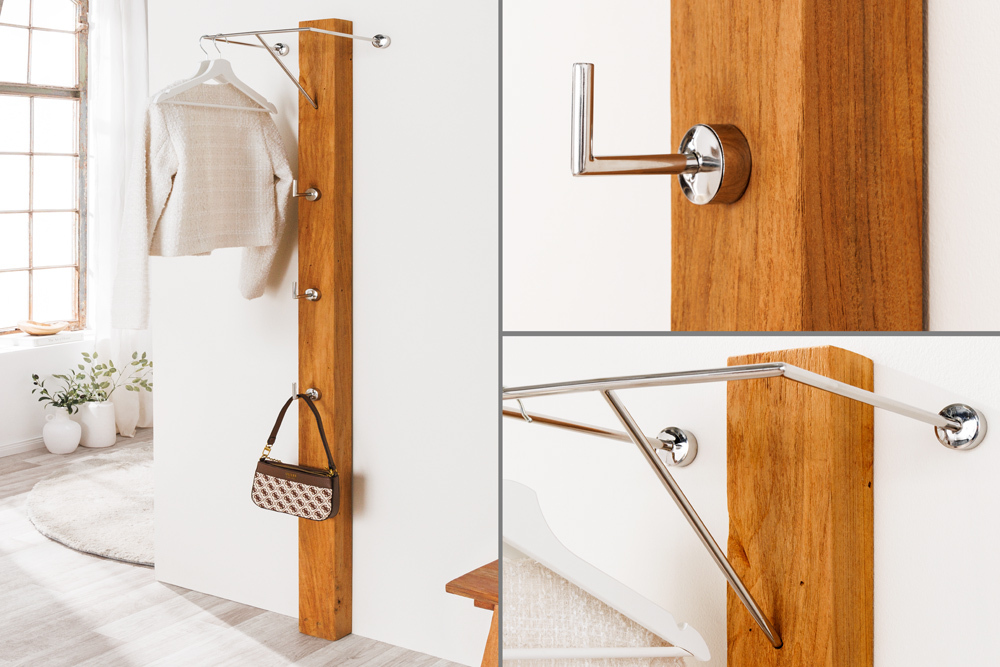 Massive Wandgarderobe JAVA 185cm recyceltes Teakholz mit drei Kleiderhaken