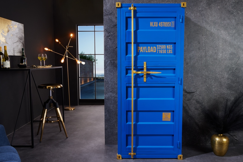 Design Barschrank Container GLOBETROTTER 180cm blau Weinregal Upcycling