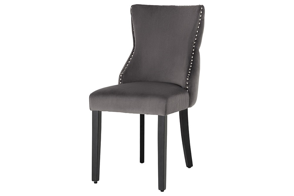 Chesterfield Stuhl CASTLE DELUXE grau Samt mit Löwenkopf Nieten