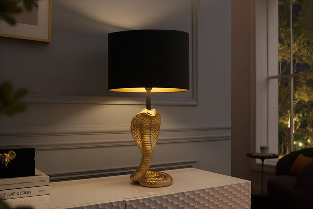 Design Tischlampe COBRA 65cm gold Schlangen Skulptur schwarzer Stoffschirm