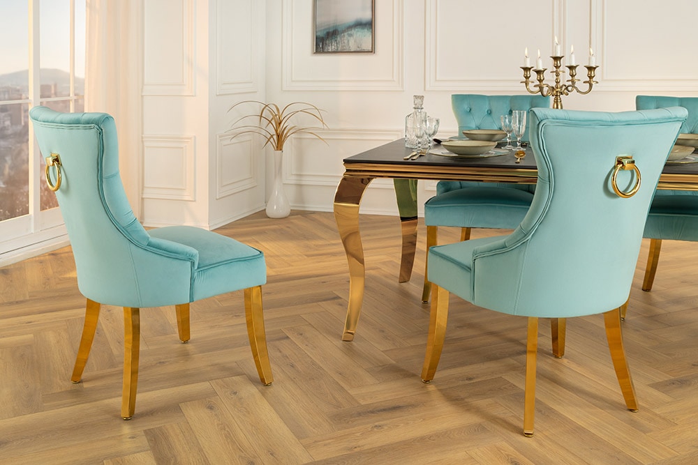 Chesterfield Stuhl CASTLE blau Samt goldene Edelstahlbeine mit Komfortgriff