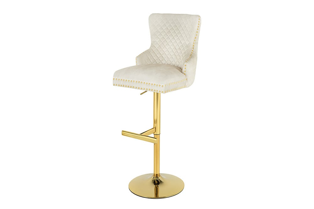 Höhenverstellbarer Barhocker CASTLE DELUXE beige Samt gold Edelstahl mit Löwenkopf
