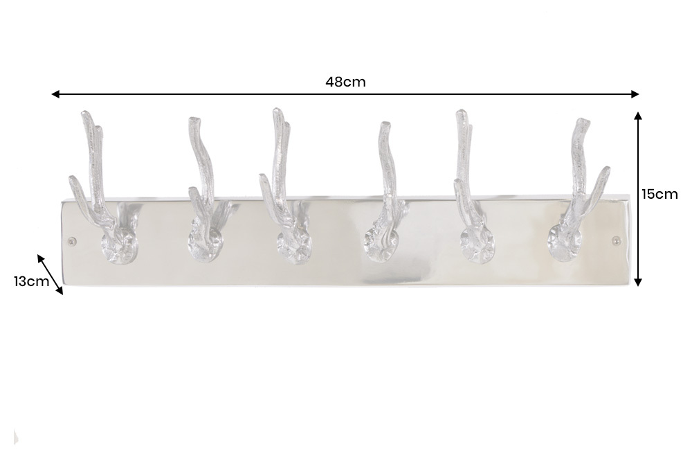 Dekorative Wandgarderobe DEER 50cm silber Aluminium poliert Hirschgeweih Kleiderhaken