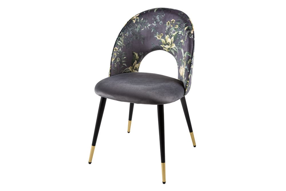 Design Stuhl PRÊT-À-PORTER grau Samt florales Muster und goldene Fußkappen