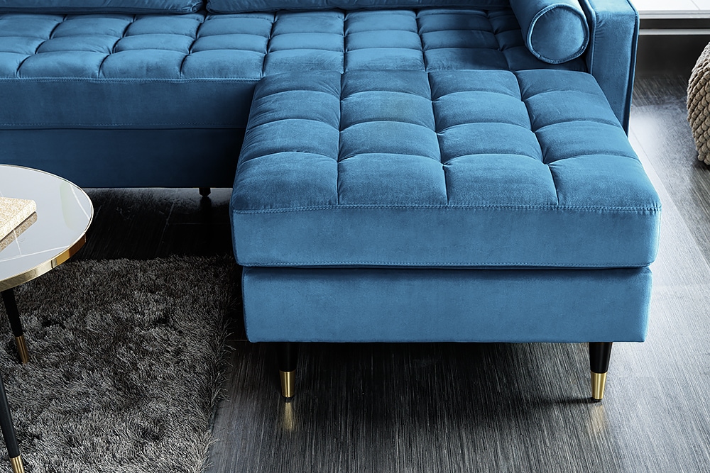 Design Hocker COZY VELVET 80cm petrol blau gold Samt Metallfüße