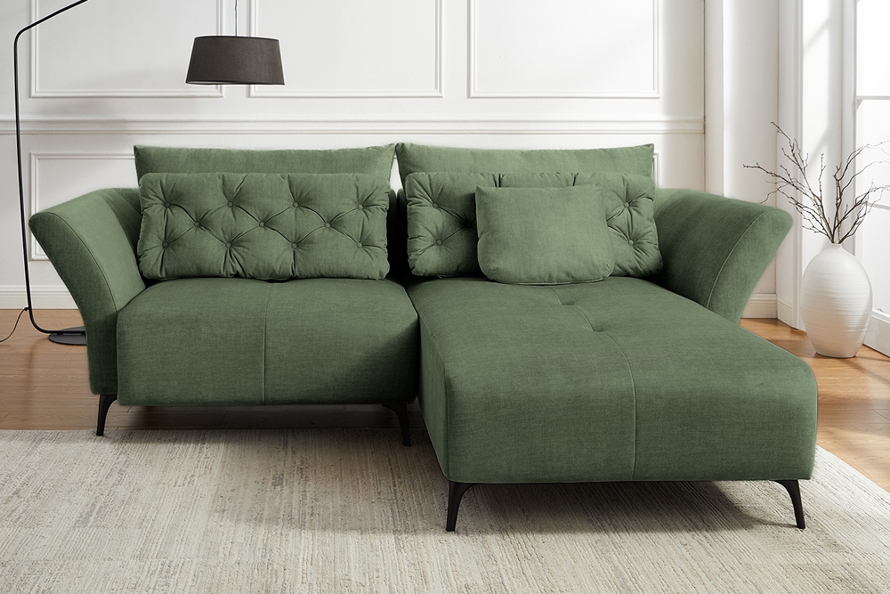 Modernes Ecksofa MARRAKESCH 265cm grün Samt 3-Sitzer inkl. Kissen Ottomane rechts