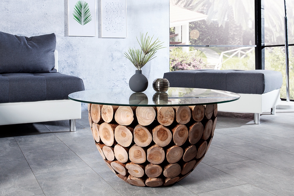 Handgearbeiteter Couchtisch PURE NATURE 70cm Teak Massivholz rund mit Glasplatte