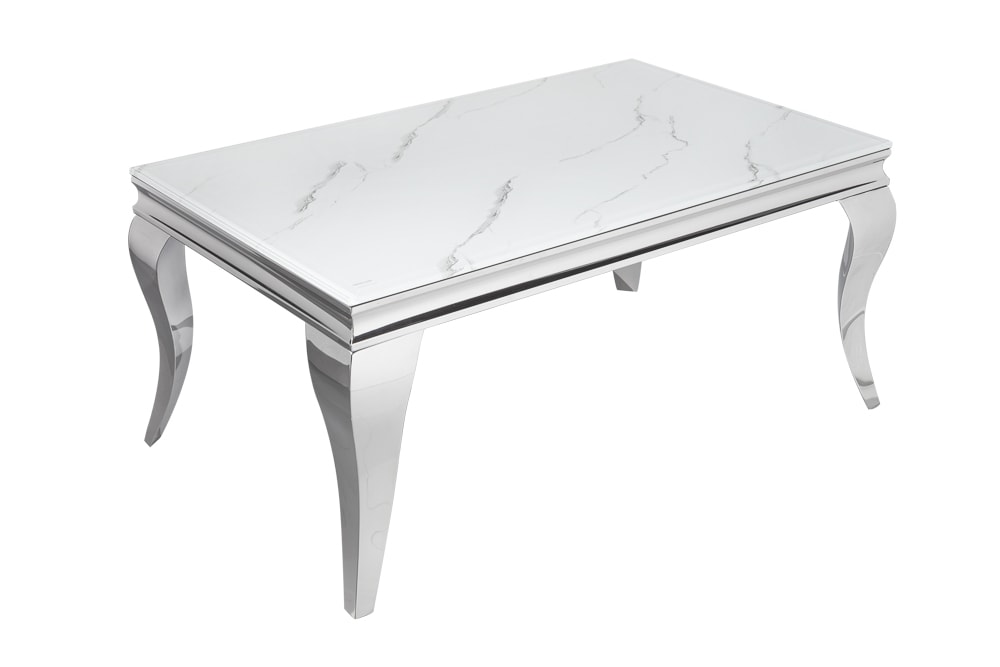 Eleganter Couchtisch MODERN BAROCK 100cm Glasplatte in Marmoroptik Edelstahlbeine